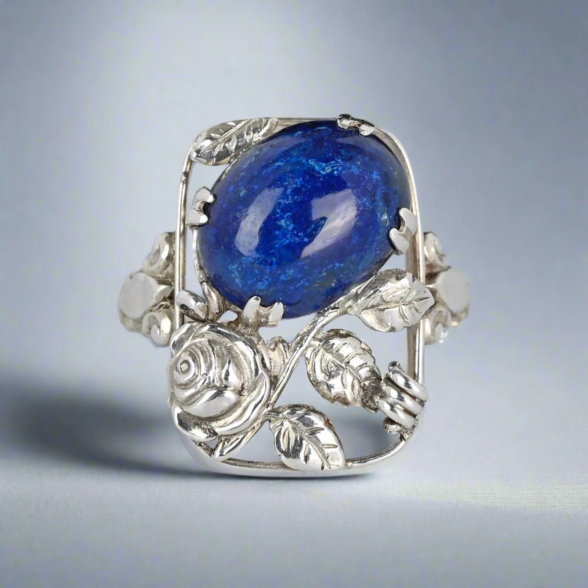 Arts & Crafts Rose and Leaf Silver Lapis Lazuli Ring