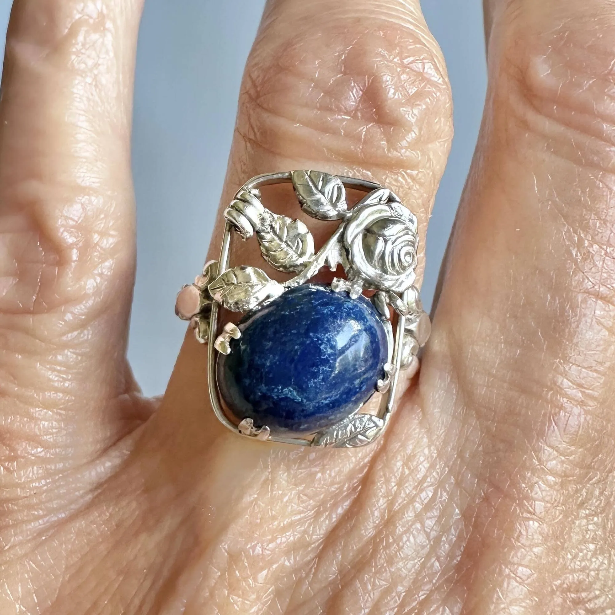 Arts & Crafts Rose and Leaf Silver Lapis Lazuli Ring