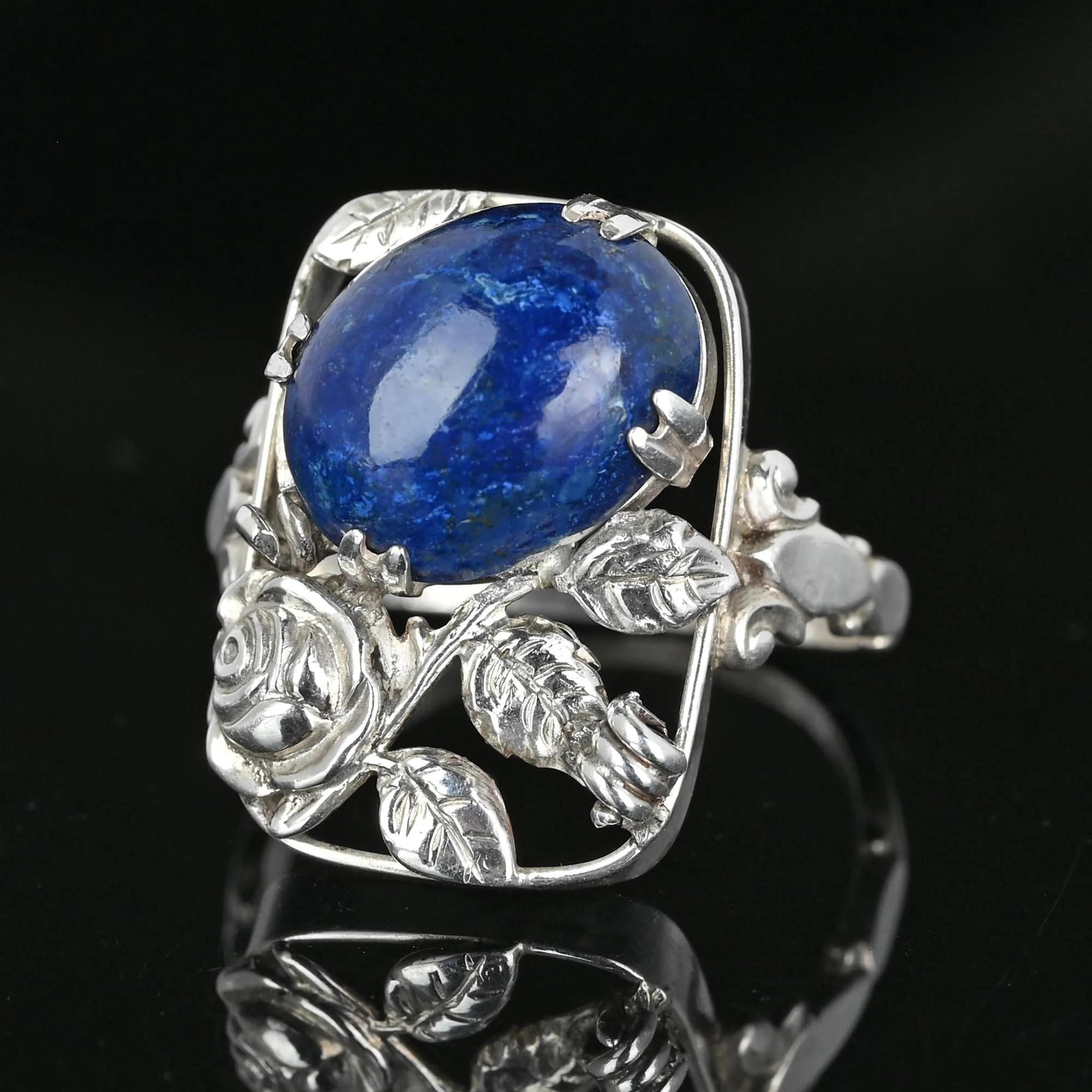 Arts & Crafts Rose and Leaf Silver Lapis Lazuli Ring