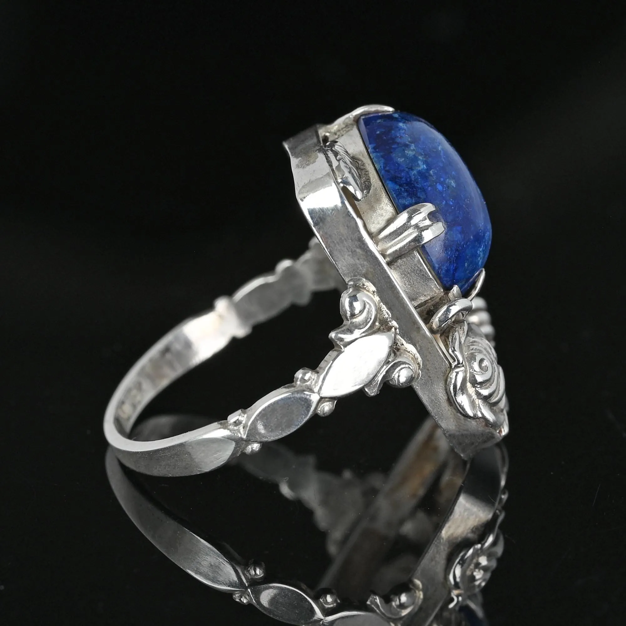 Arts & Crafts Rose and Leaf Silver Lapis Lazuli Ring