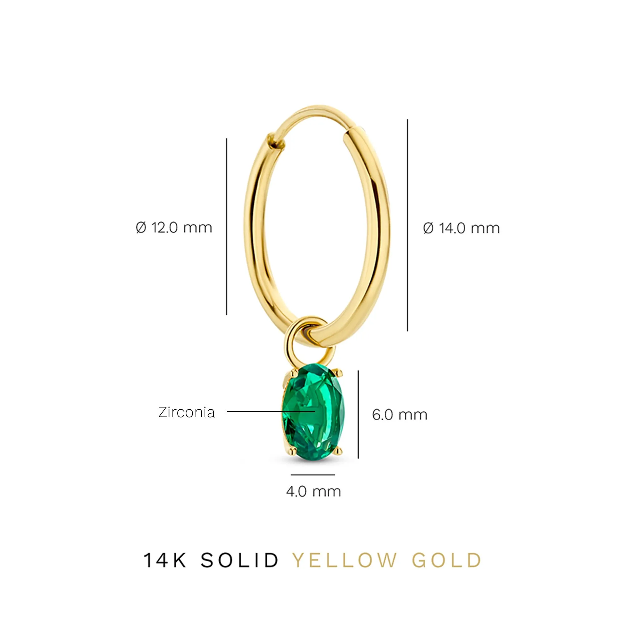 Baguette Olivia 14 karat gold hoop earrings with green zirconia stone