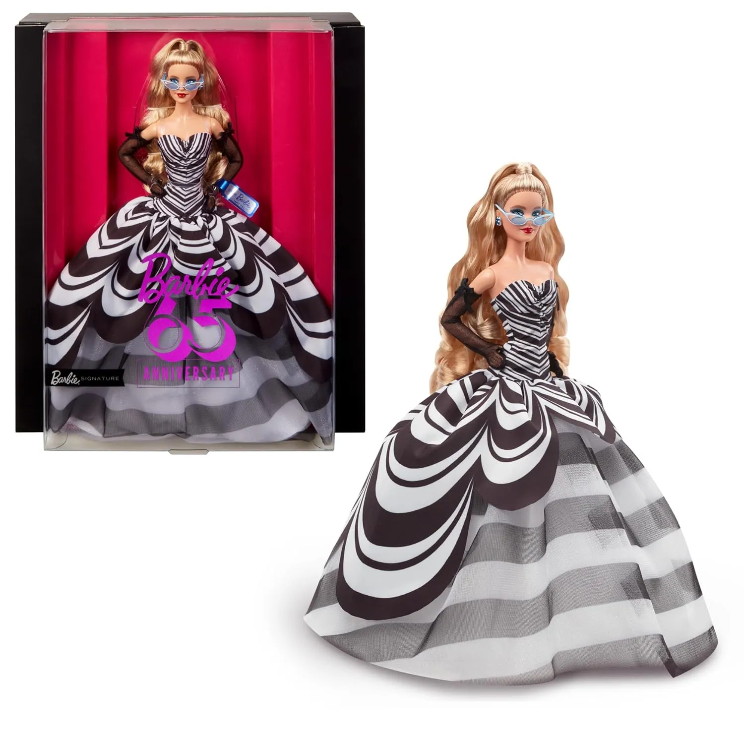 Barbie 65th Anniversary Signature Doll Collectible with Blonde Hair, Black and White Gown, Sapphire Gem Earrings and Sunglasses for Kids Ages 5 