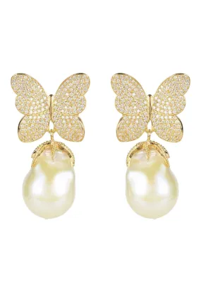 Baroque Pearl White Butterfly Earrings Gold