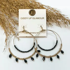 Beaded Double Hoop Earrings with Dangles in Black and Gold