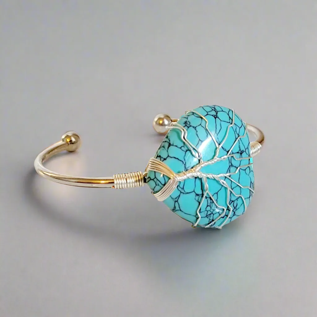 Blue Turquoise Heart Tree of Life Wire Wrapped Metal Bangle Bracelet