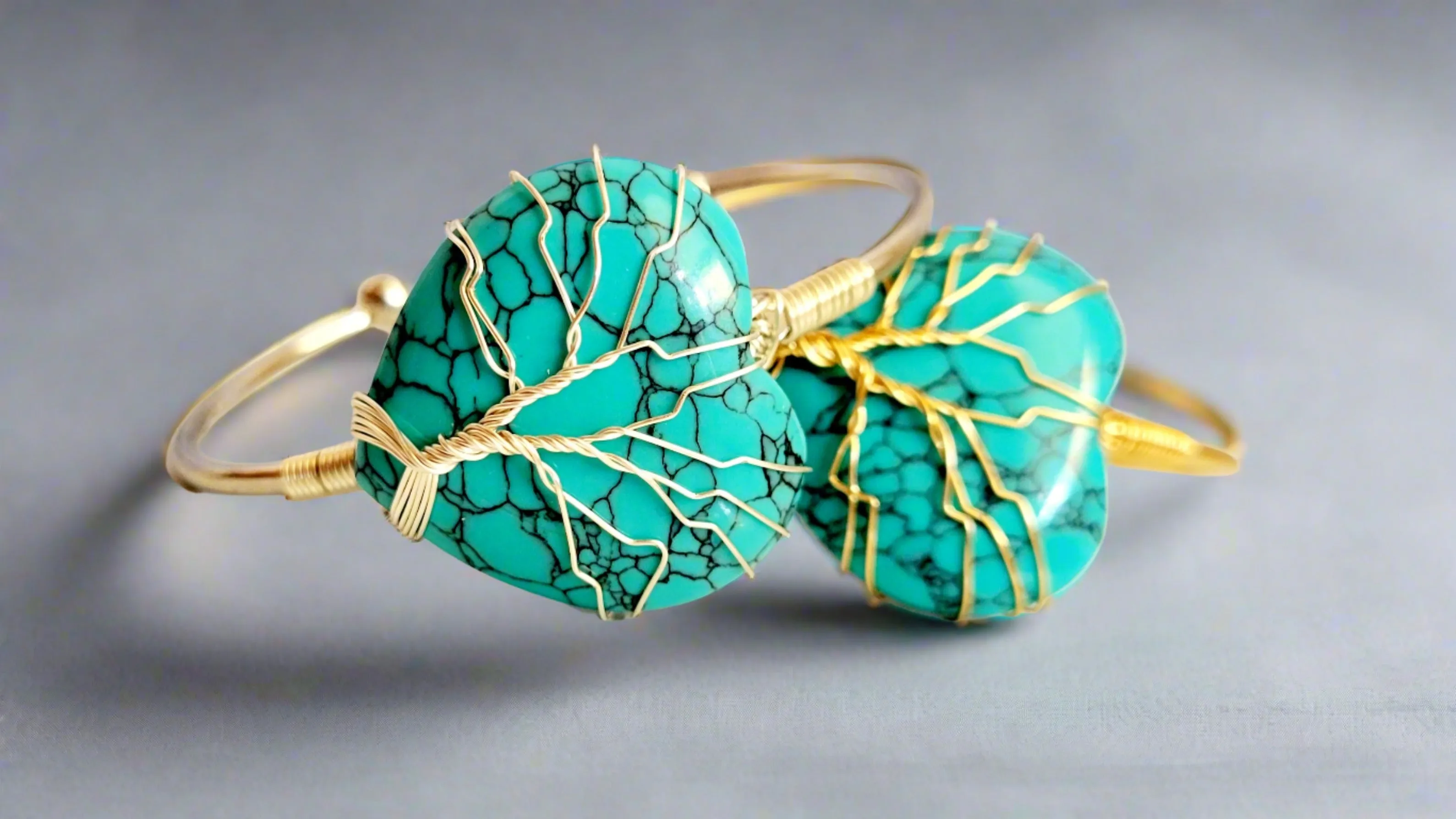 Blue Turquoise Heart Tree of Life Wire Wrapped Metal Bangle Bracelet