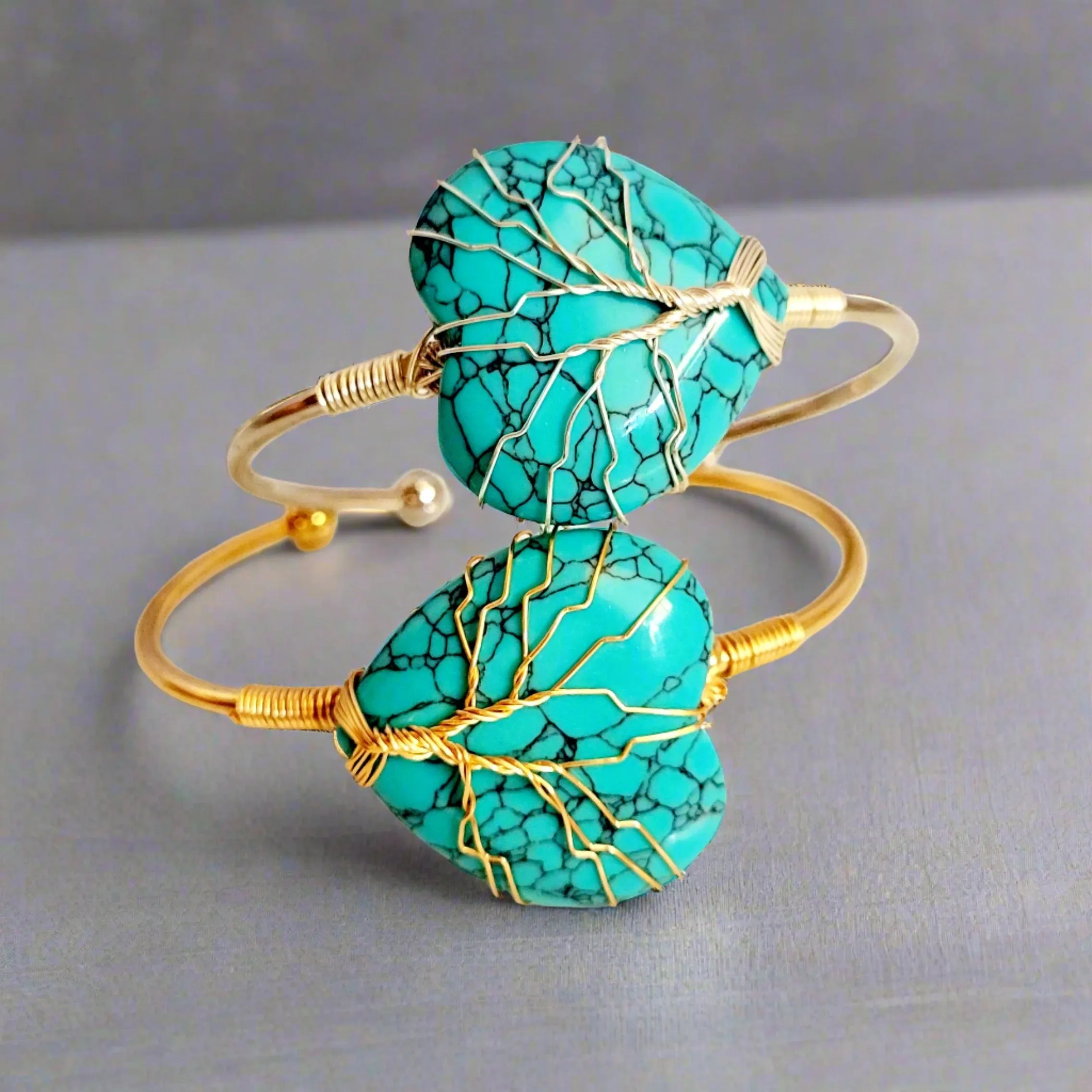 Blue Turquoise Heart Tree of Life Wire Wrapped Metal Bangle Bracelet