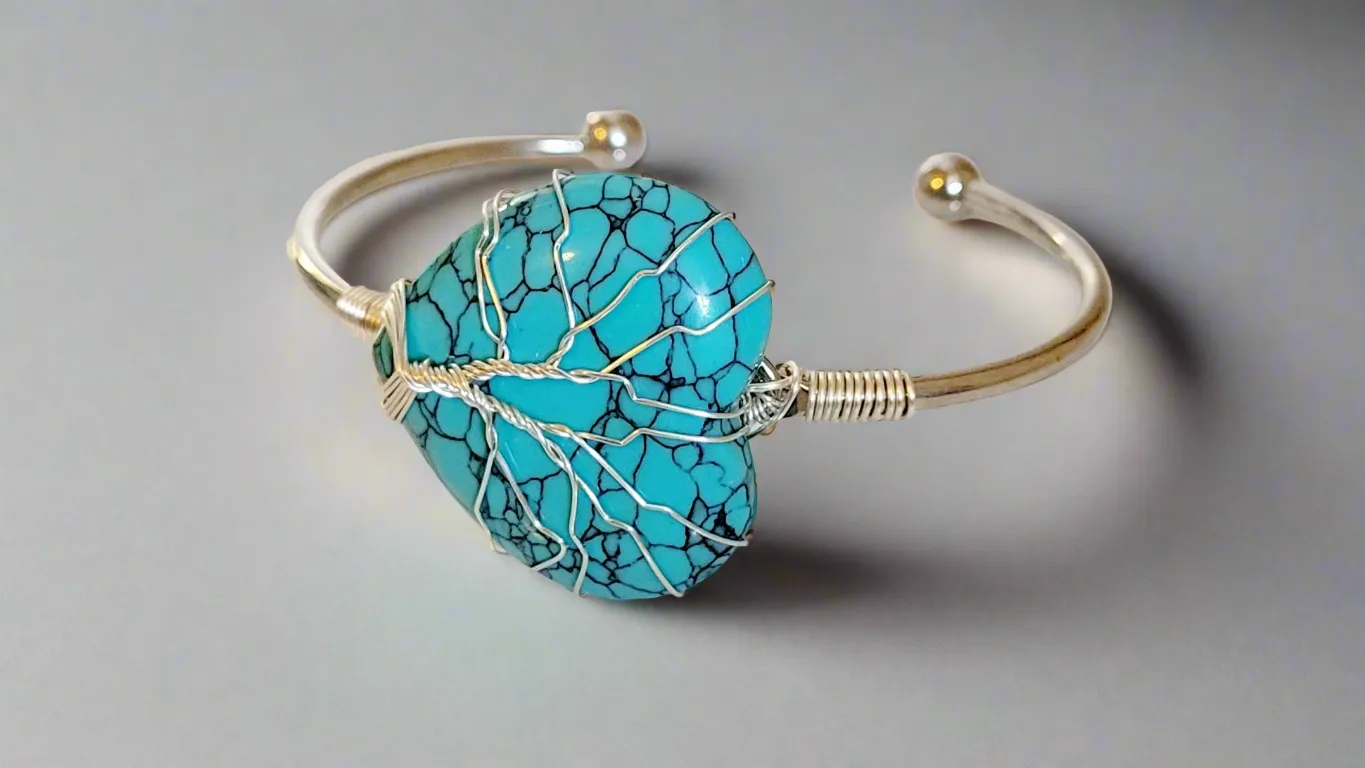 Blue Turquoise Heart Tree of Life Wire Wrapped Metal Bangle Bracelet