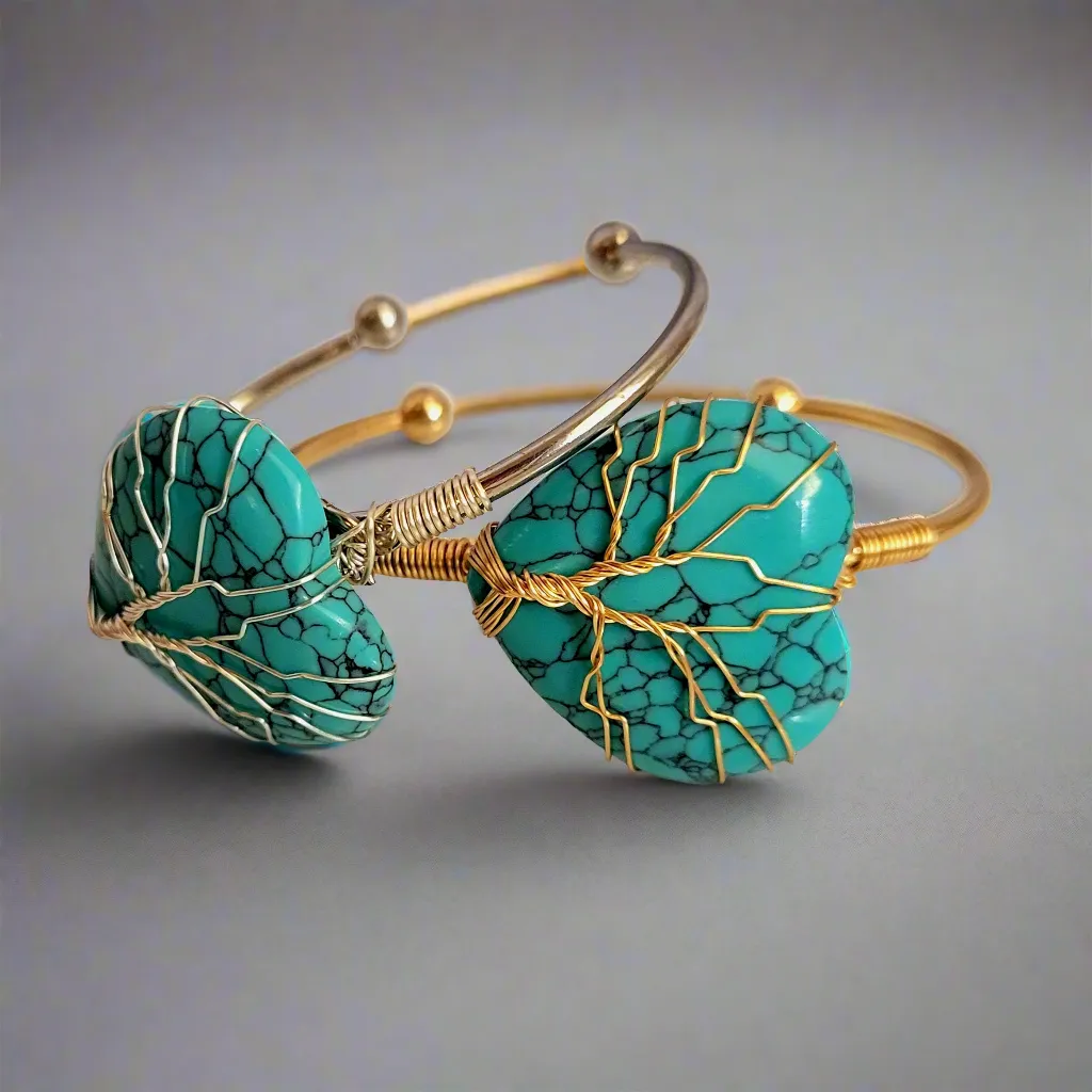 Blue Turquoise Heart Tree of Life Wire Wrapped Metal Bangle Bracelet