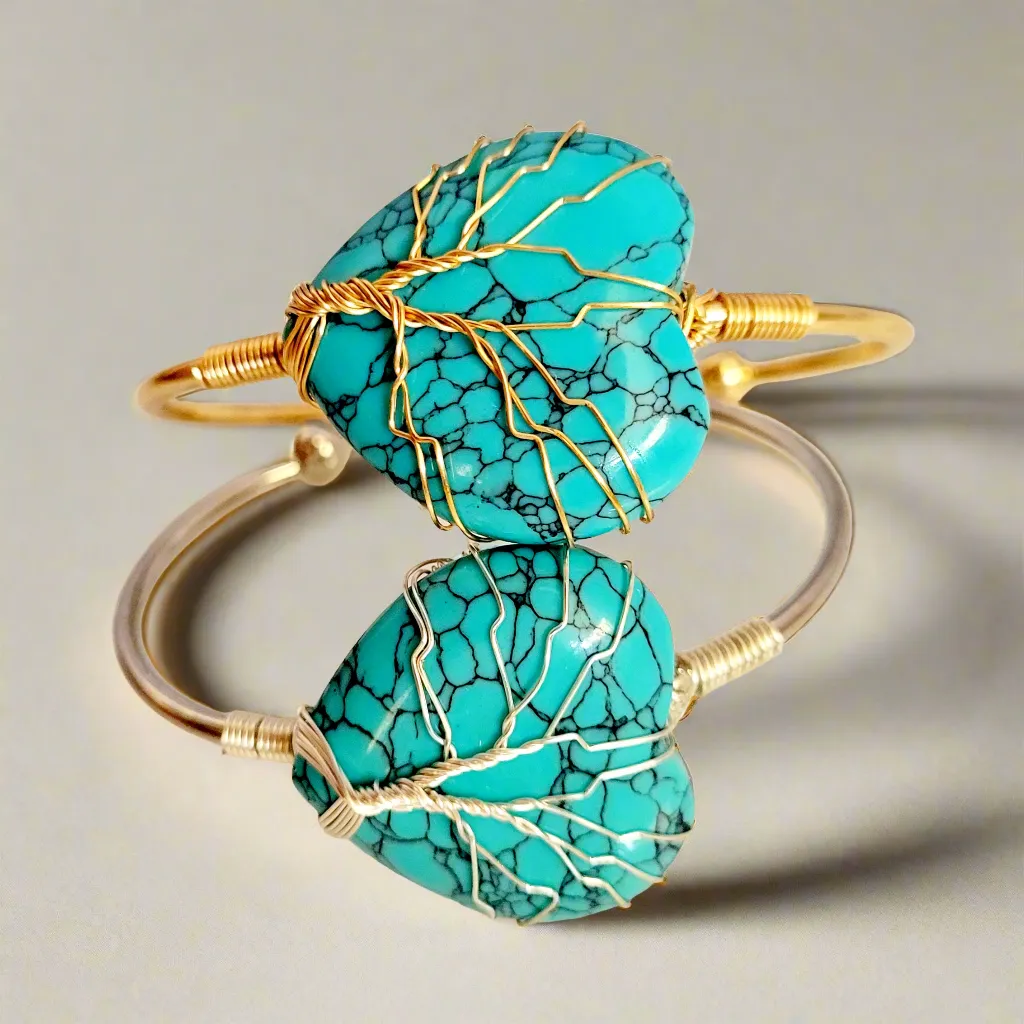 Blue Turquoise Heart Tree of Life Wire Wrapped Metal Bangle Bracelet