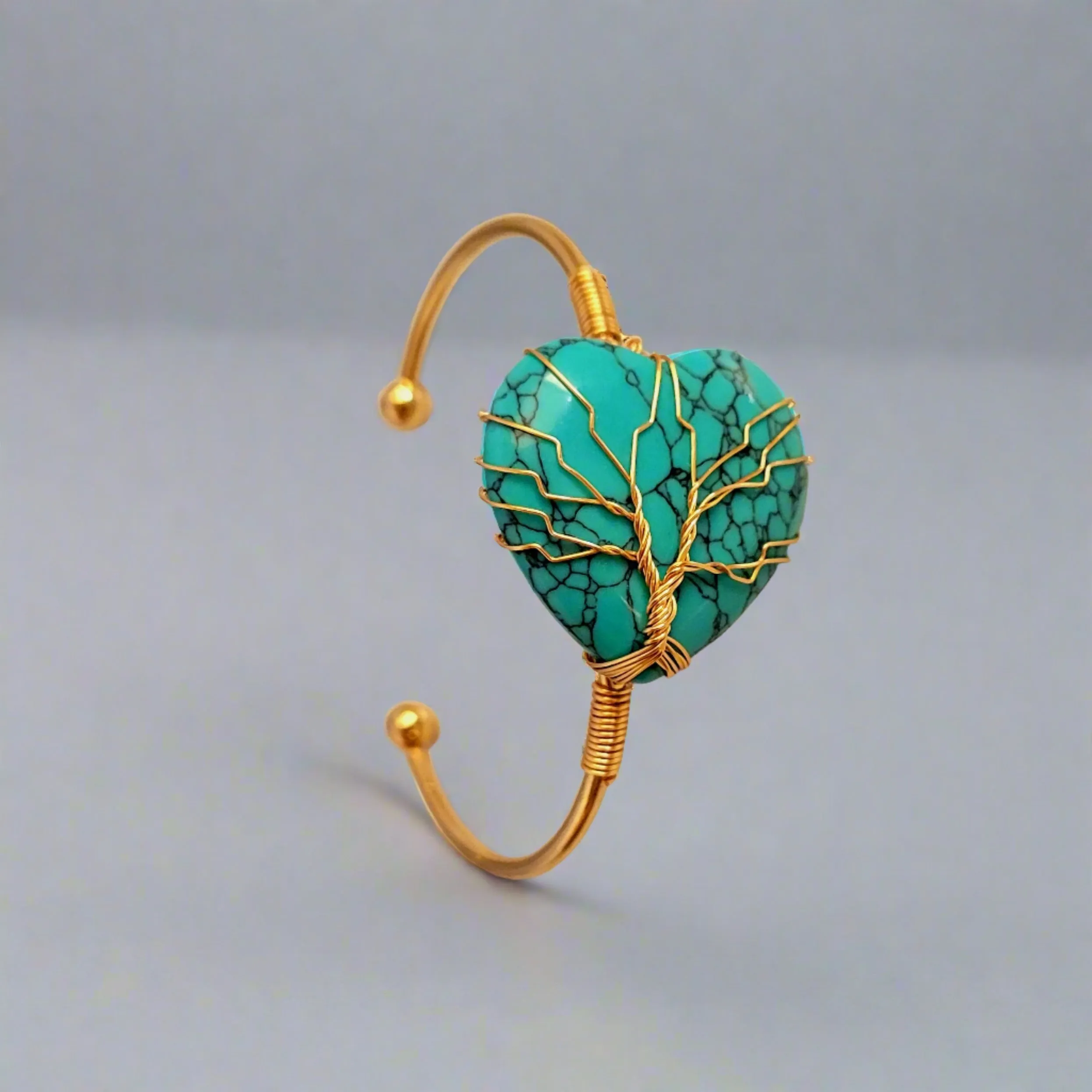 Blue Turquoise Heart Tree of Life Wire Wrapped Metal Bangle Bracelet