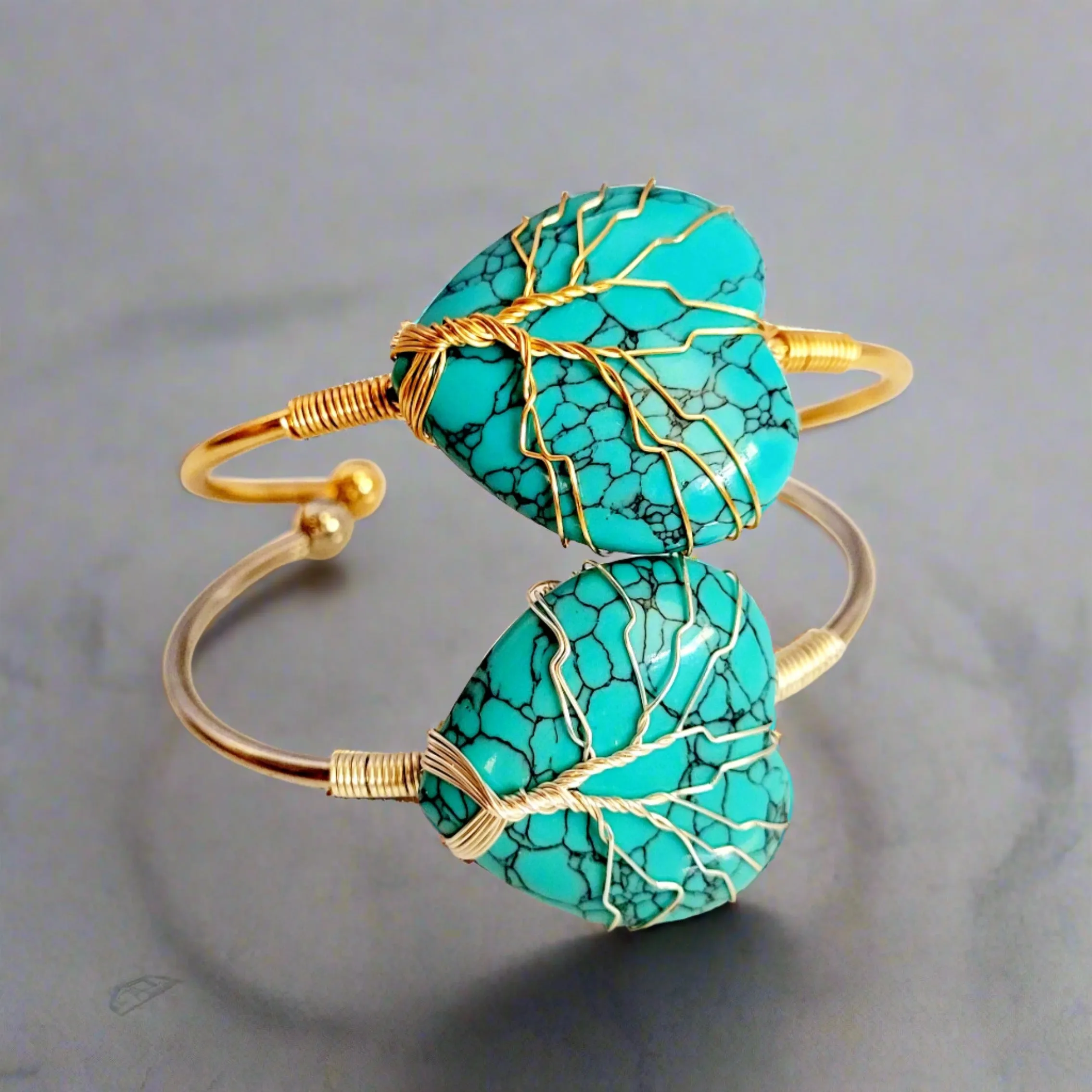 Blue Turquoise Heart Tree of Life Wire Wrapped Metal Bangle Bracelet