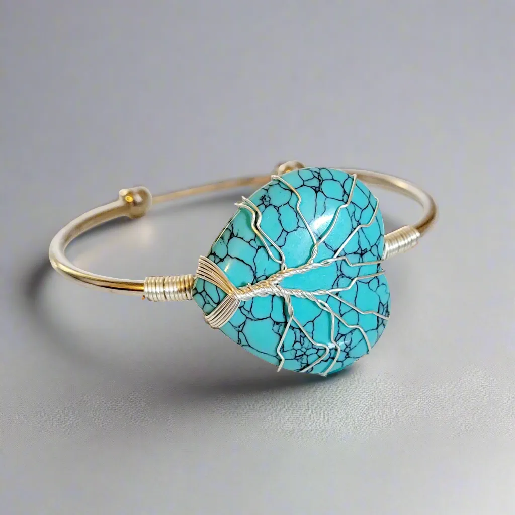 Blue Turquoise Heart Tree of Life Wire Wrapped Metal Bangle Bracelet