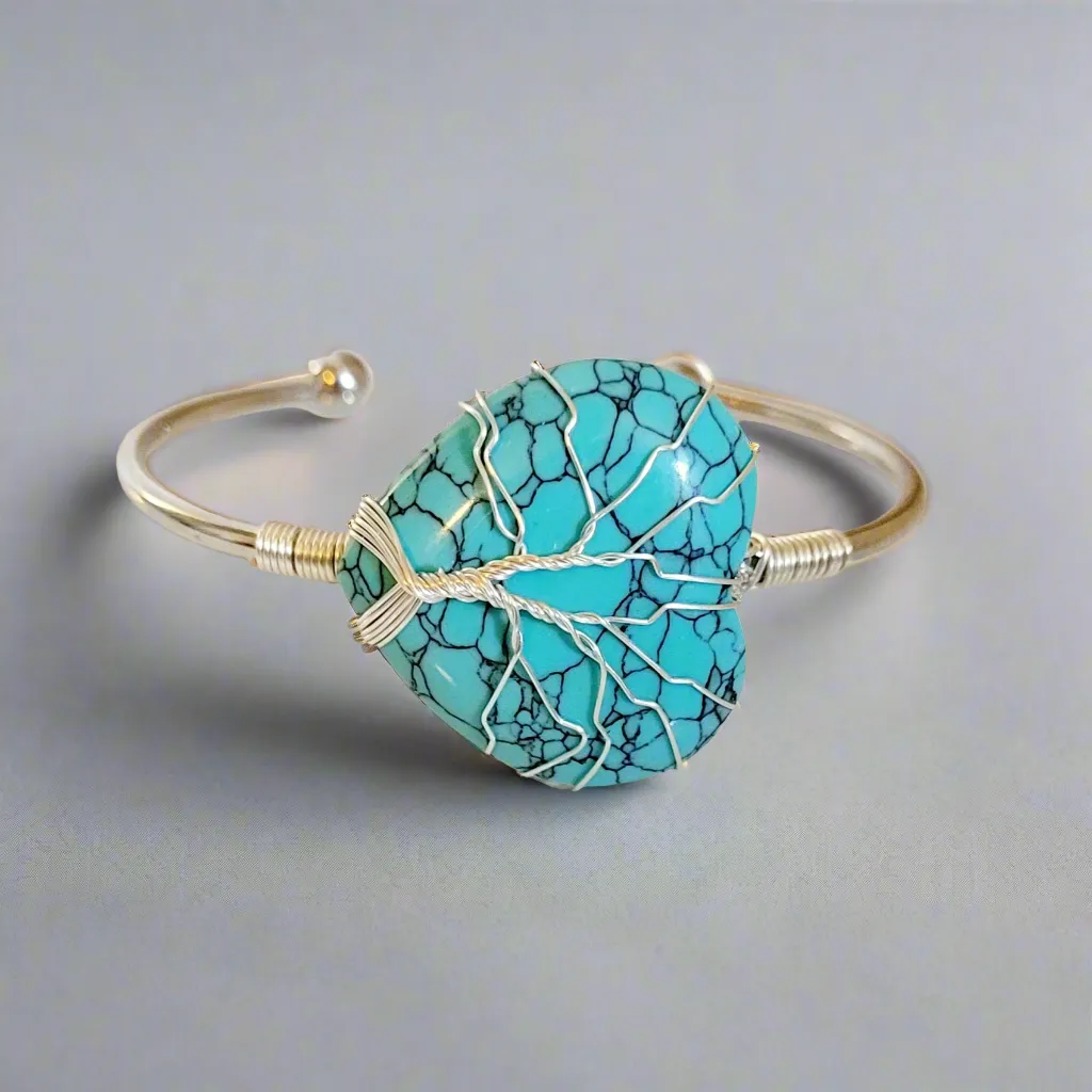 Blue Turquoise Heart Tree of Life Wire Wrapped Metal Bangle Bracelet