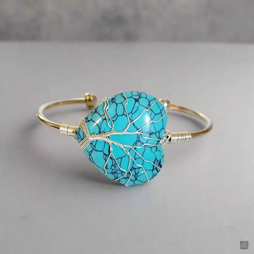 Blue Turquoise Heart Tree of Life Wire Wrapped Metal Bangle Bracelet