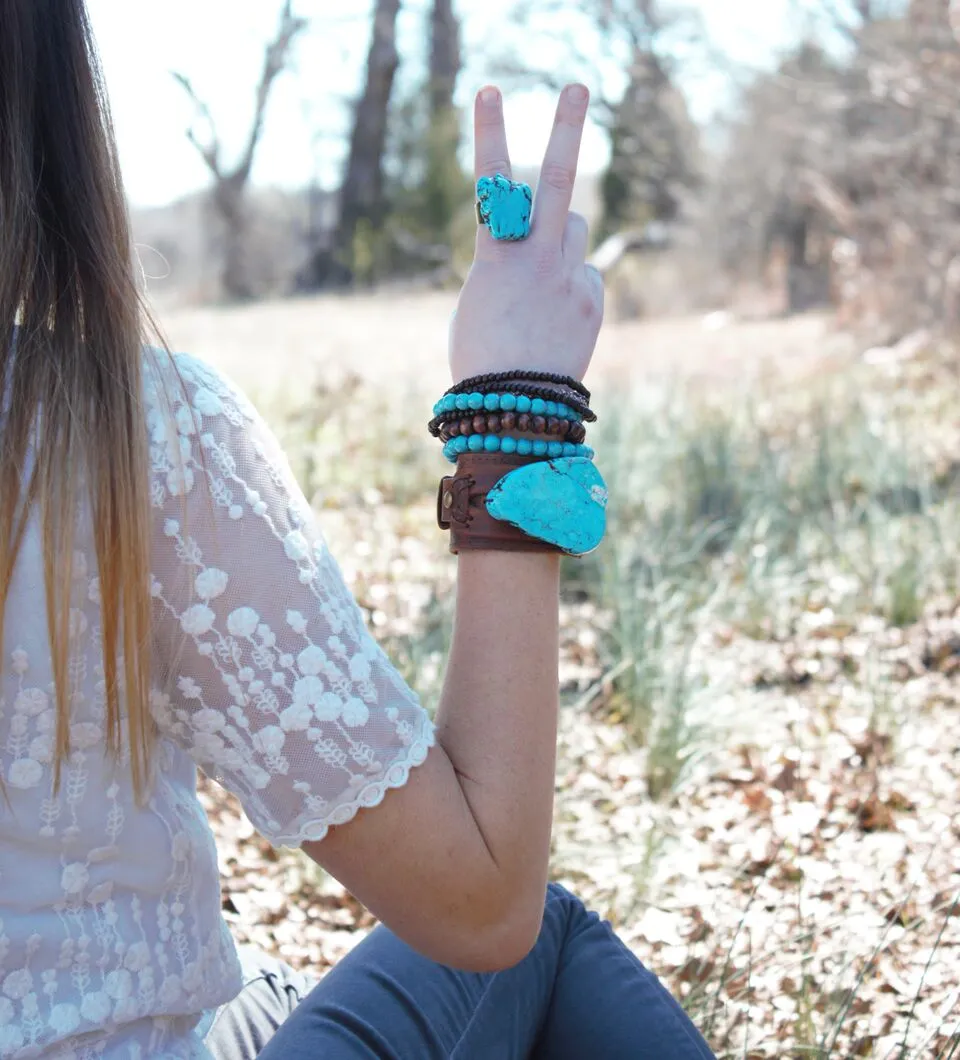 Blue Turquoise Slab on Dusty Leather Cuff 230X