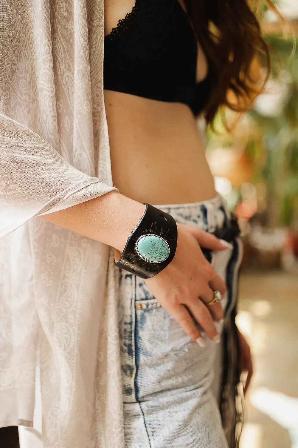 Boho Turquoise Stone Leather Cuff