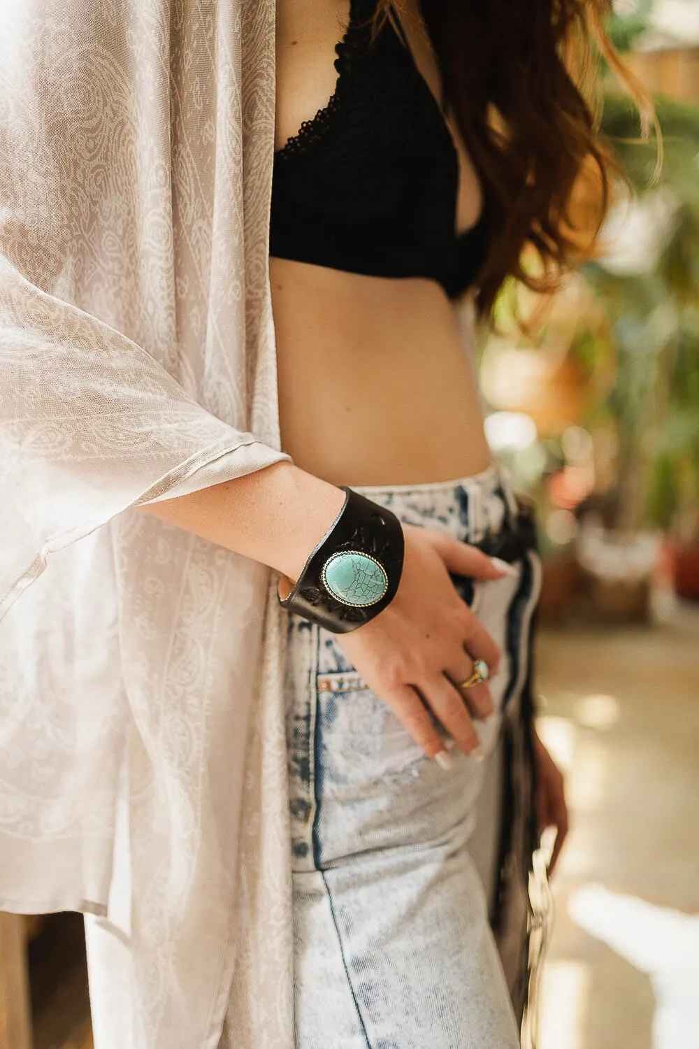 Boho Turquoise Stone Leather Cuff