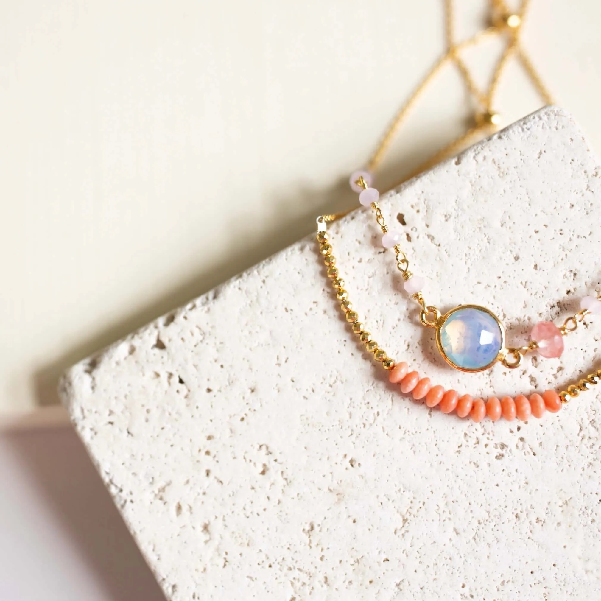 Bracelet Stacking Set: Opal Quartz & Pink Coral Stones