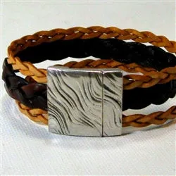 Brown and Beige Braided Leather Cuff Bracelet for a Woman