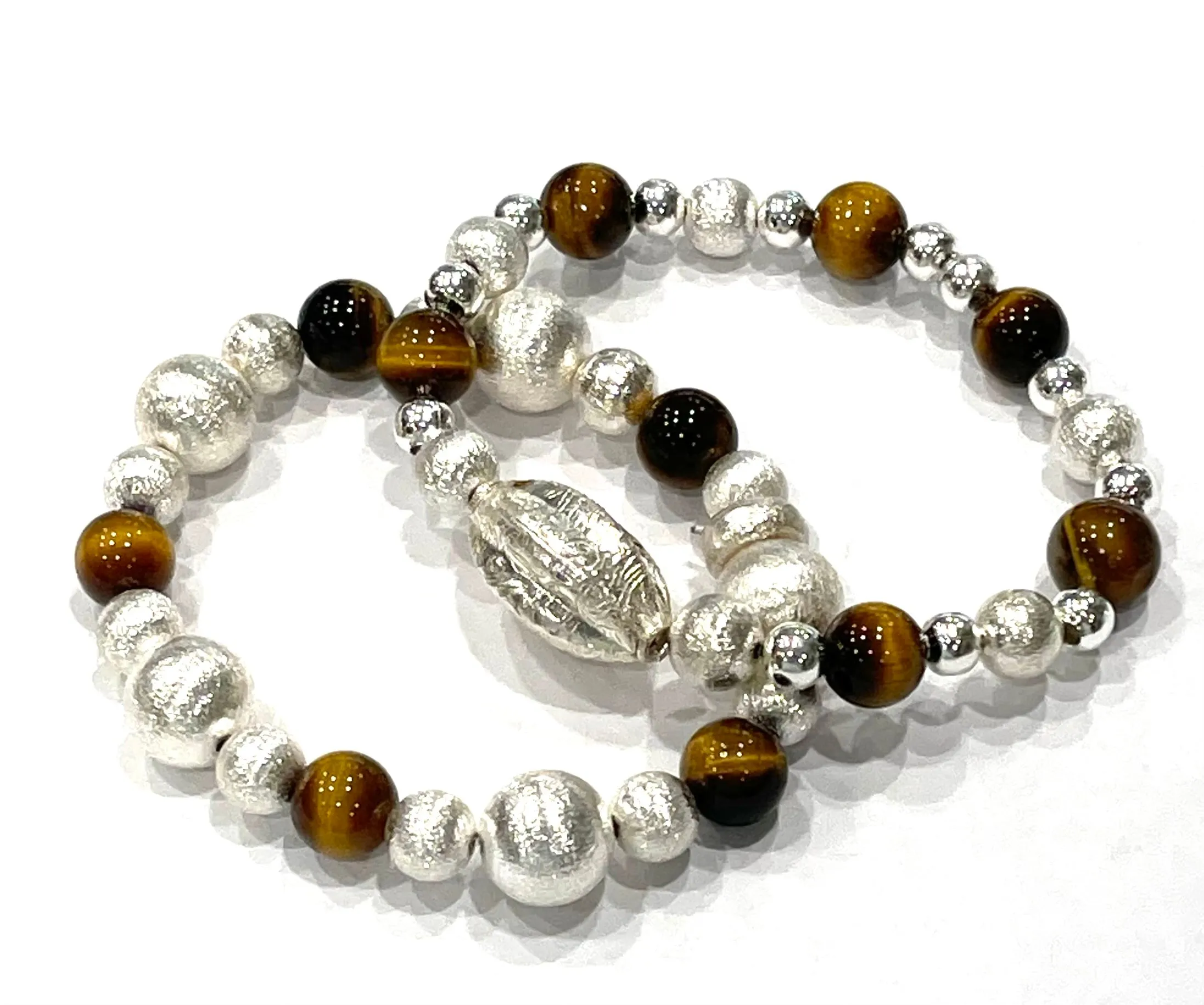 Brown Tiger’s Eye Gemstone Silver Bracelet Stack