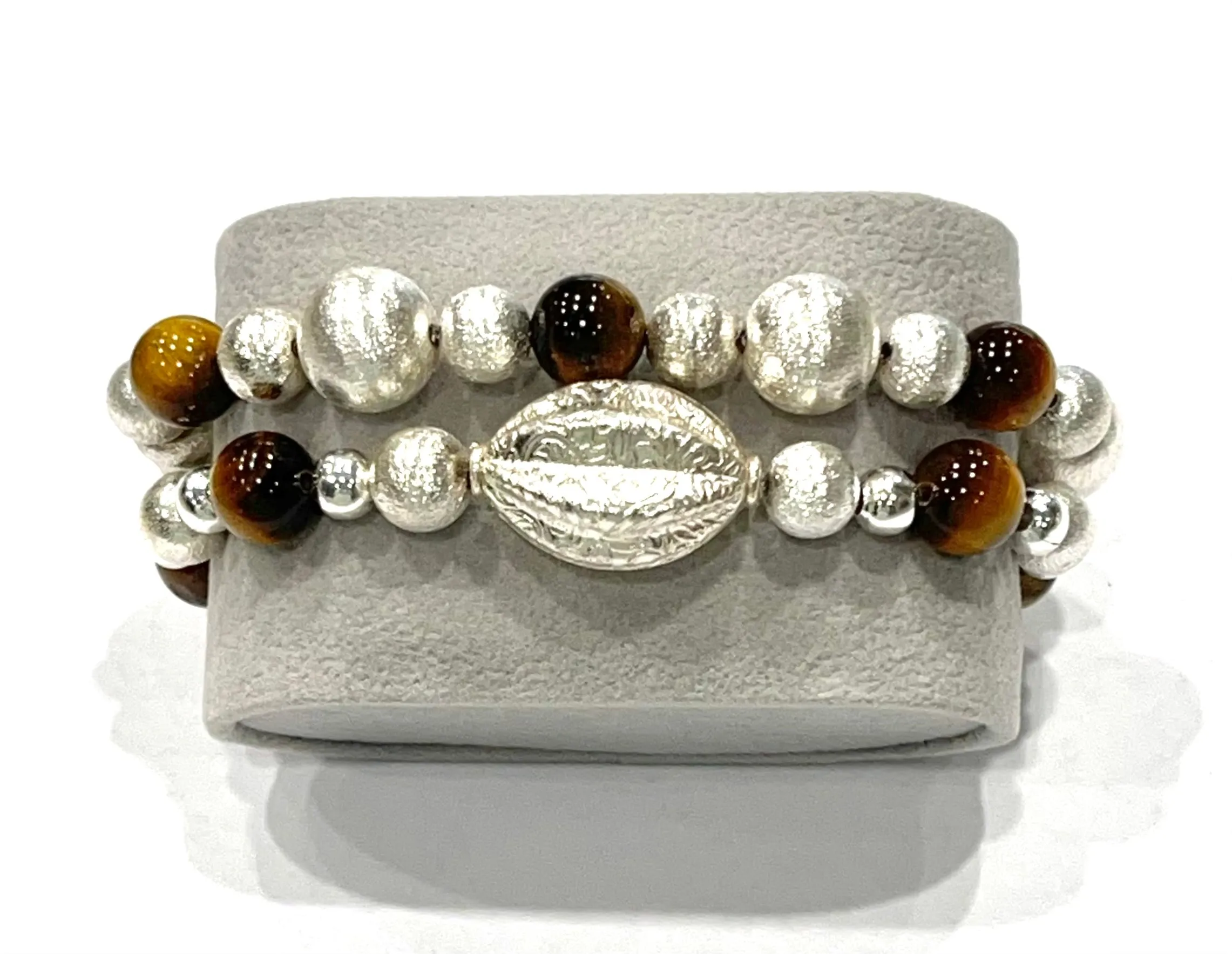 Brown Tiger’s Eye Gemstone Silver Bracelet Stack