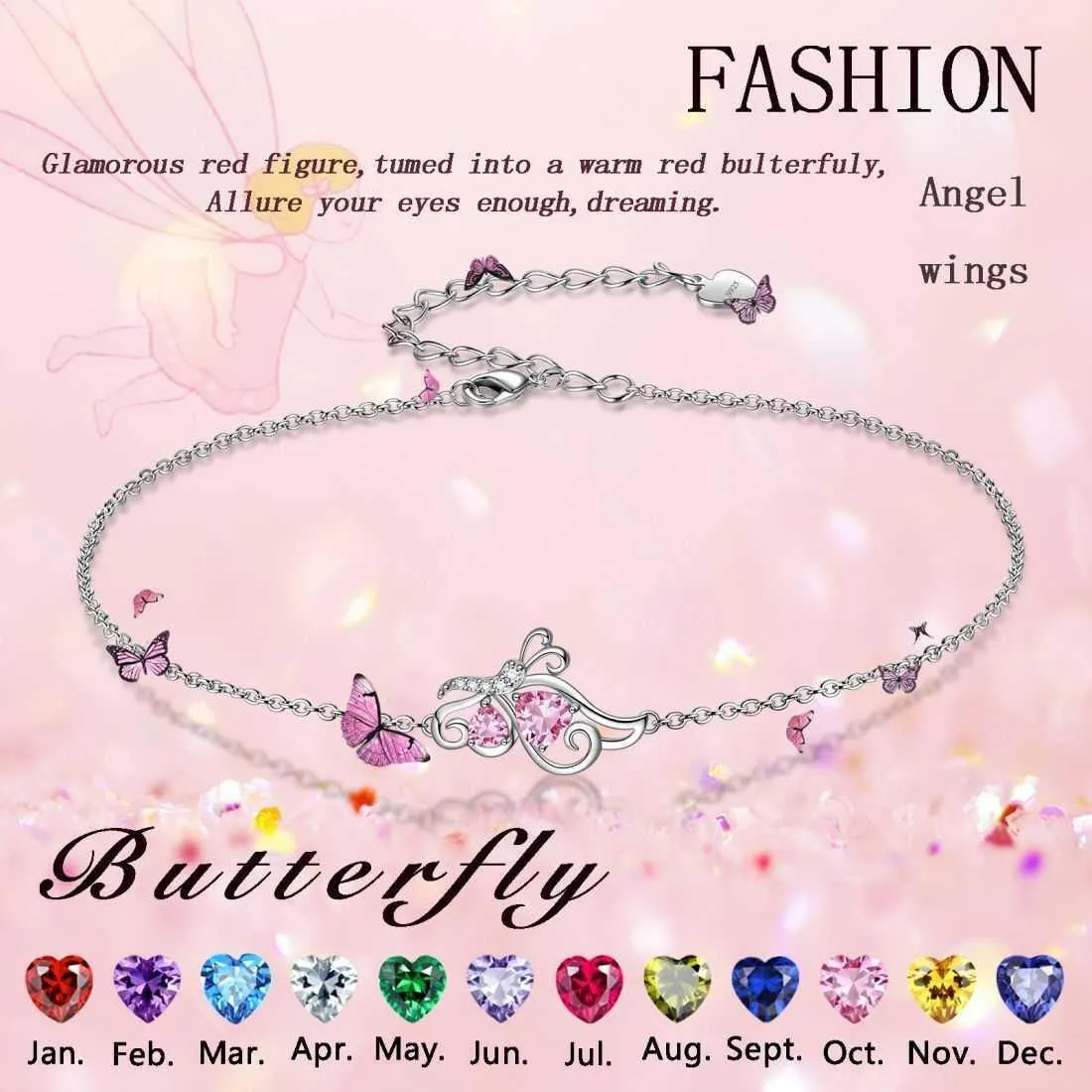 Butterfly Birthstone October Tourmaline Bracelet Women Girls Jewelry Birthday Gift 925 Sterling Silver