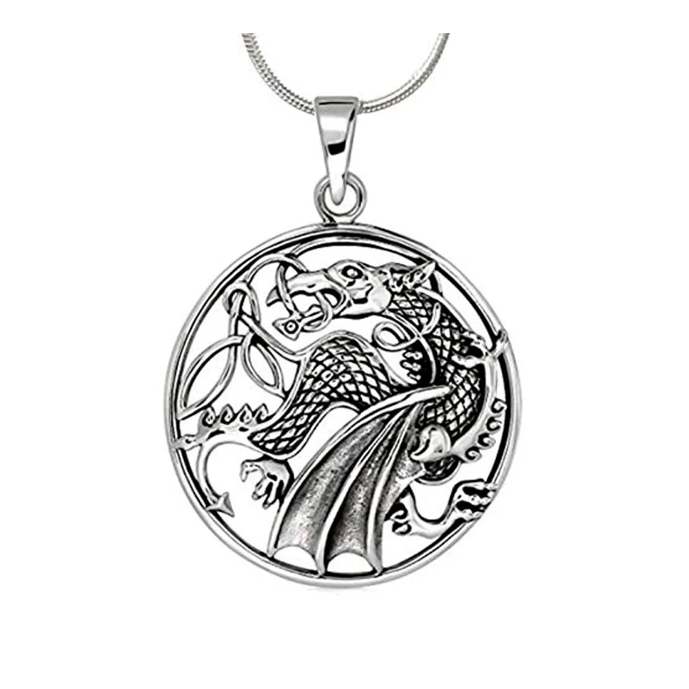 Circular Celtic Dragon Pendant Silver on Chain