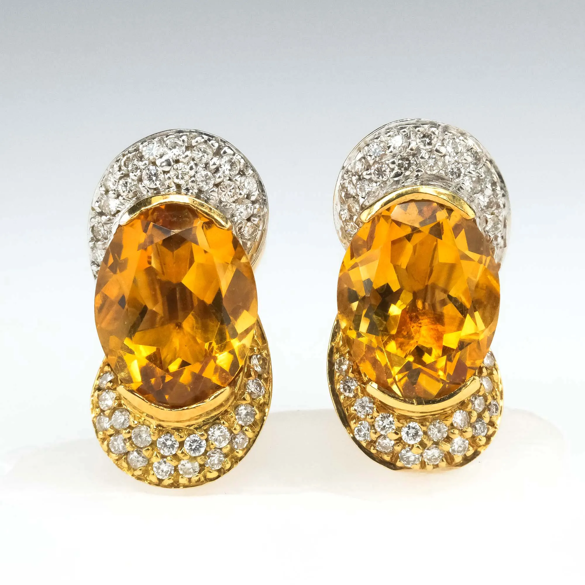 Citrine & Diamond Stud Omega Clip On Earrings in Two Tone Gold