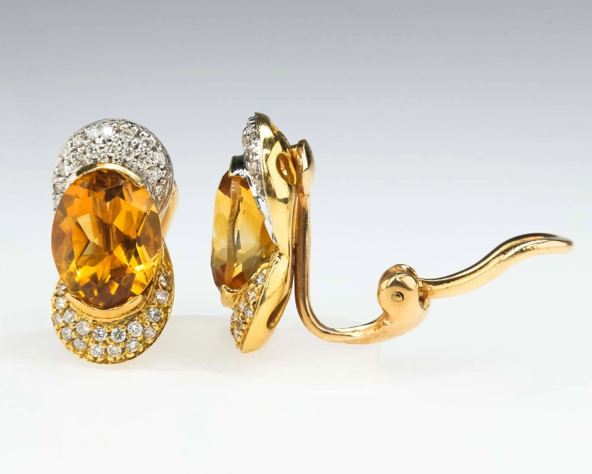 Citrine & Diamond Stud Omega Clip On Earrings in Two Tone Gold