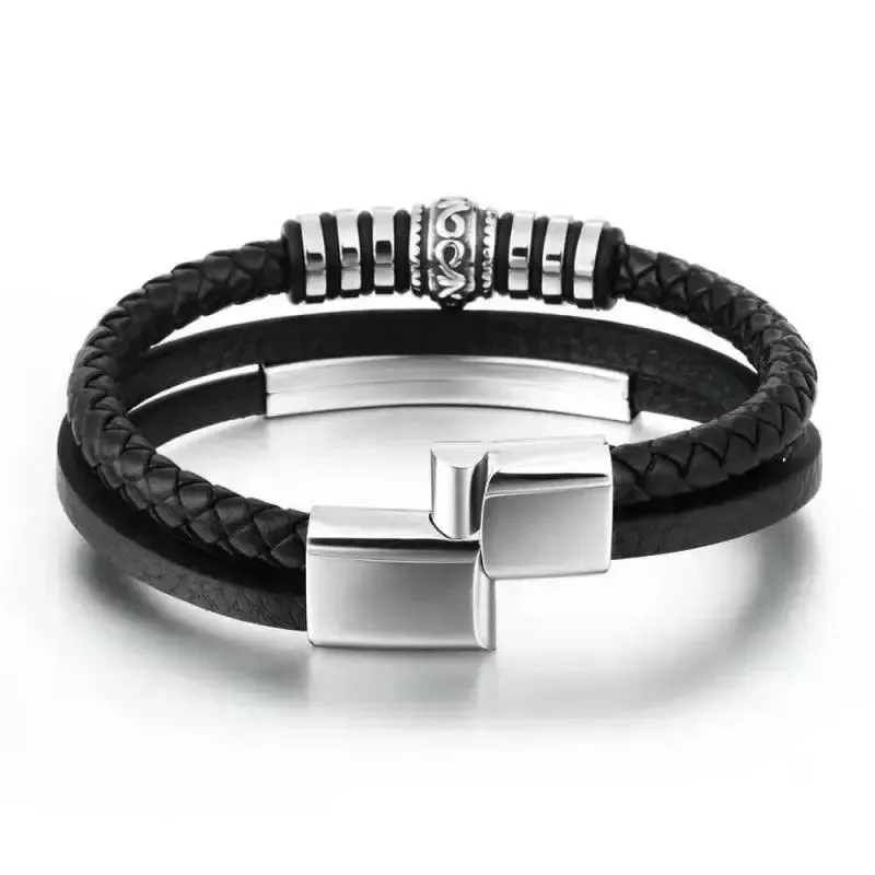 Classic Black Handwoven Leather Bracelet Multilayer Silver Color Magnetic Buckle Bracelet Men\'s Casual Cuff Bracelet Jewelry