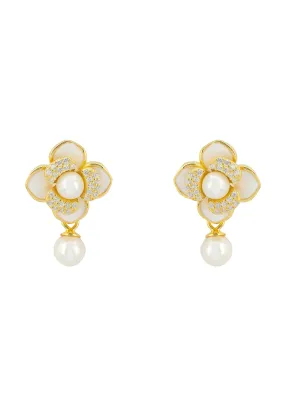 Clover Petal Pearl Drop Earrings Gold