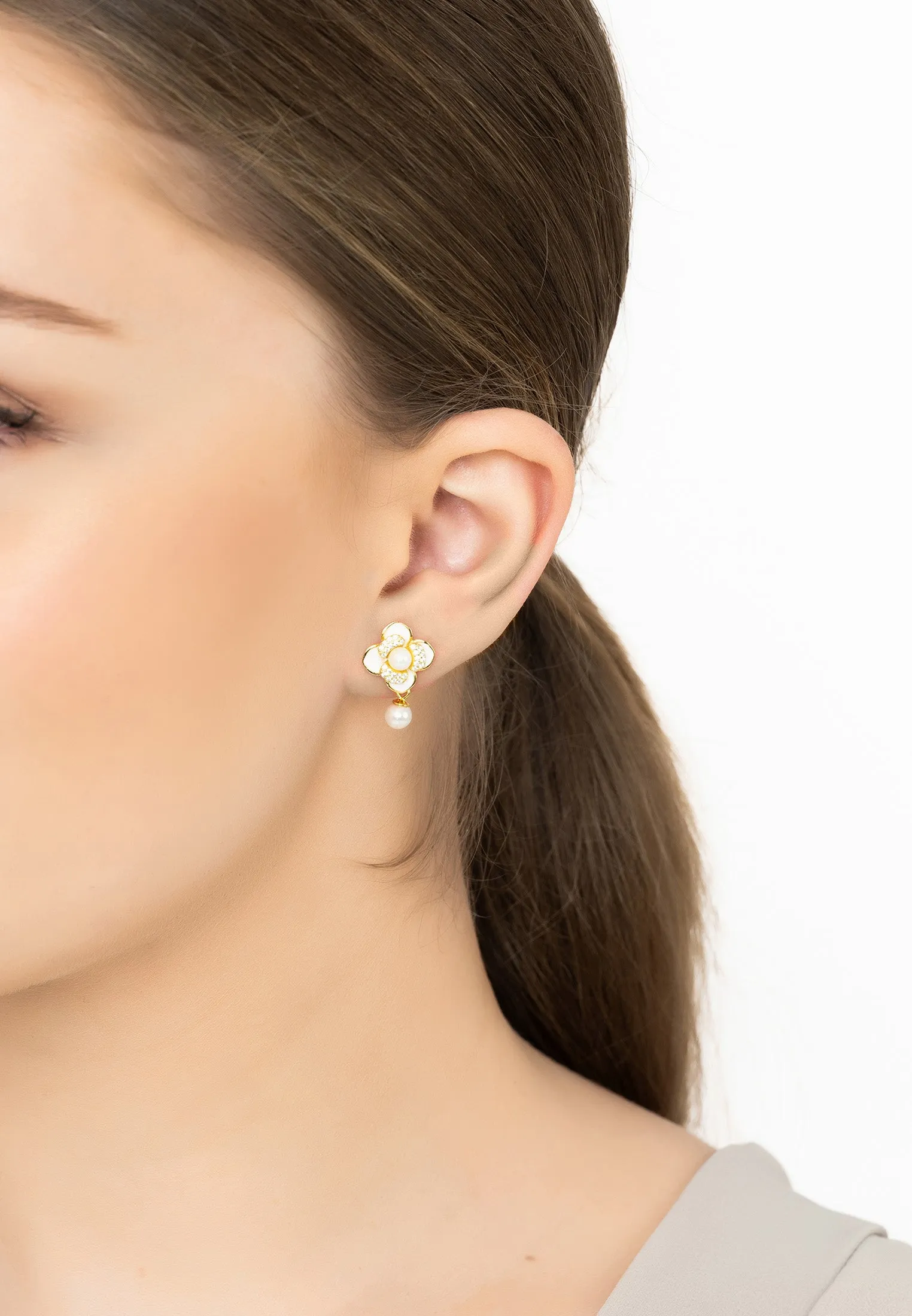 Clover Petal Pearl Drop Earrings Gold