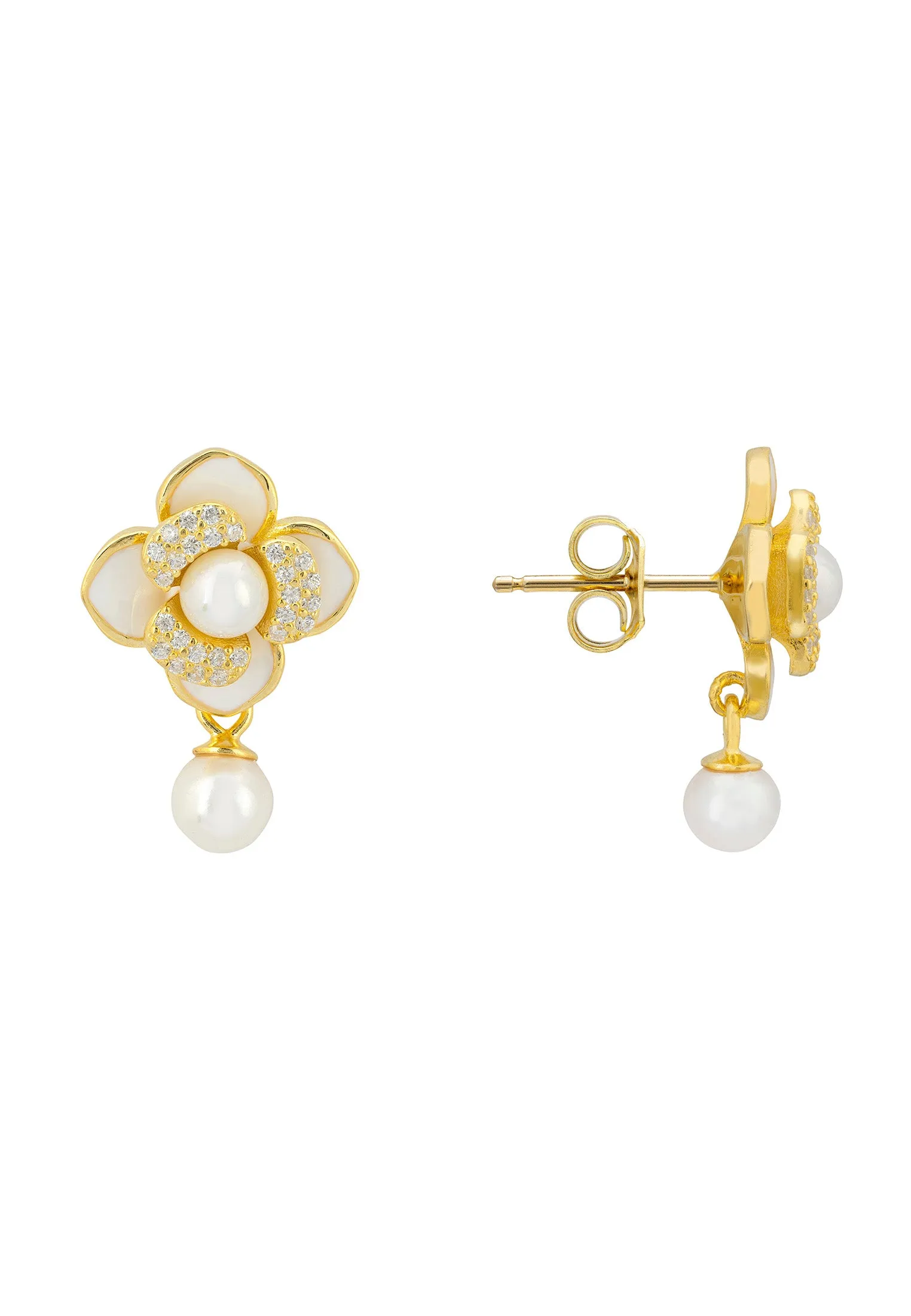 Clover Petal Pearl Drop Earrings Gold