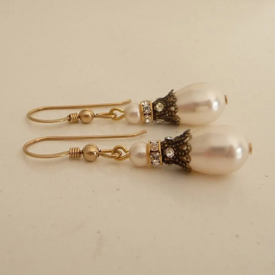 Crystal Filigree And Pearl Fish Hook Earrings