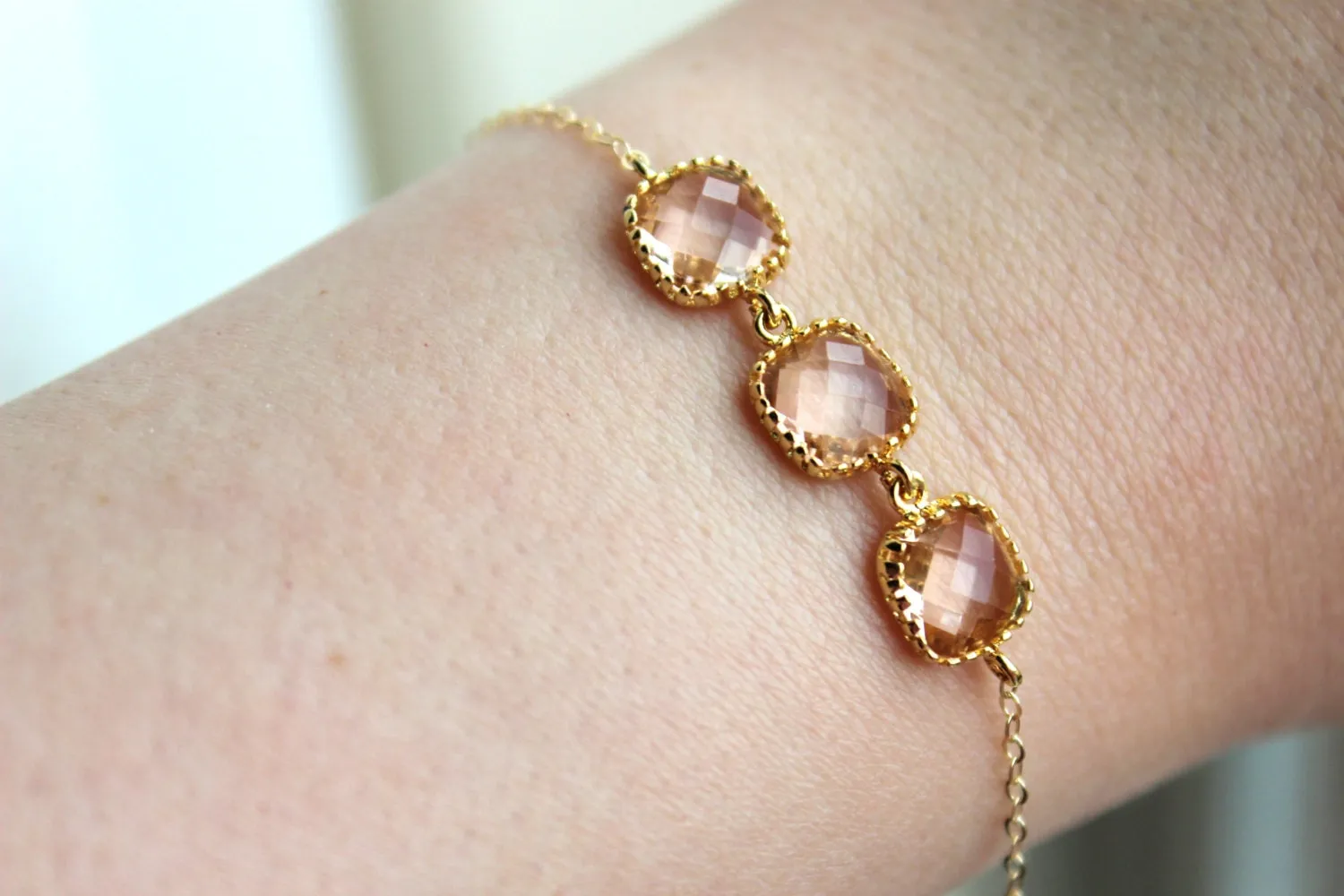 Dainty Blush Champagne Bracelet Three Square Gold Plated Peach Jewelry Bridesmaid Bracelet - Bridal Bracelet Blush Champagne Wedding Jewelry