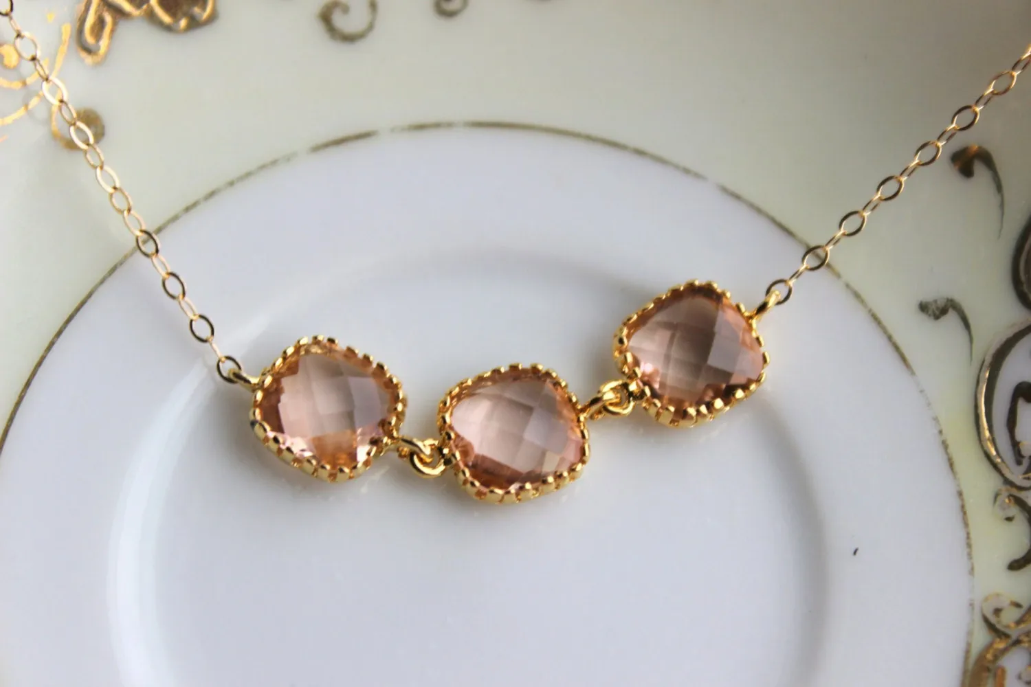 Dainty Blush Champagne Bracelet Three Square Gold Plated Peach Jewelry Bridesmaid Bracelet - Bridal Bracelet Blush Champagne Wedding Jewelry