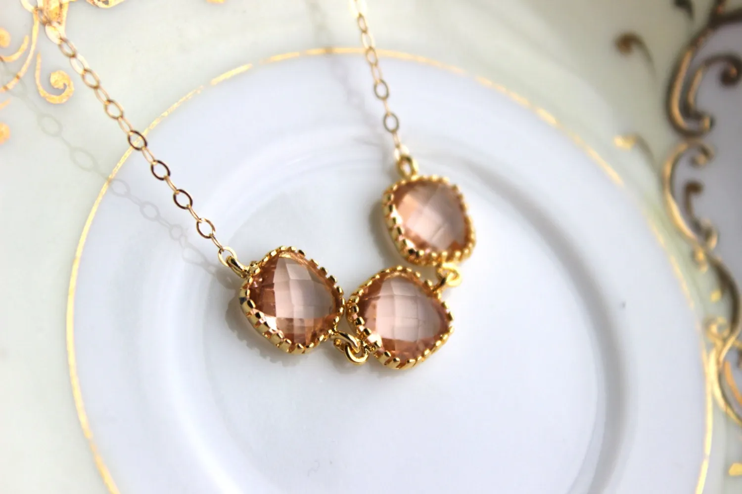 Dainty Blush Champagne Bracelet Three Square Gold Plated Peach Jewelry Bridesmaid Bracelet - Bridal Bracelet Blush Champagne Wedding Jewelry