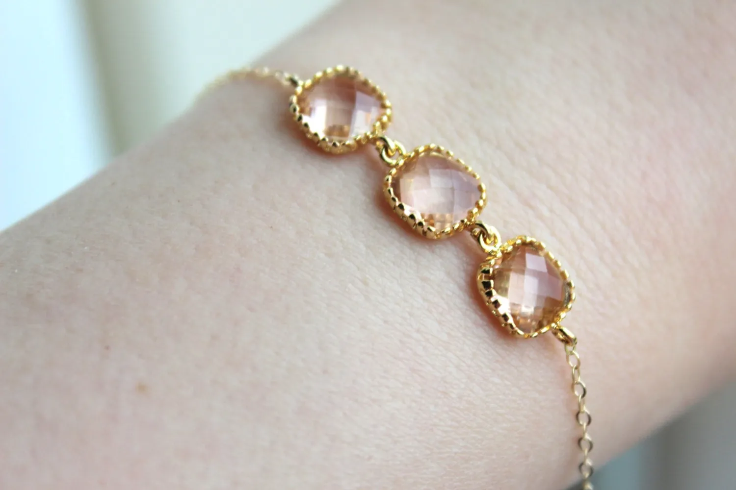 Dainty Blush Champagne Bracelet Three Square Gold Plated Peach Jewelry Bridesmaid Bracelet - Bridal Bracelet Blush Champagne Wedding Jewelry