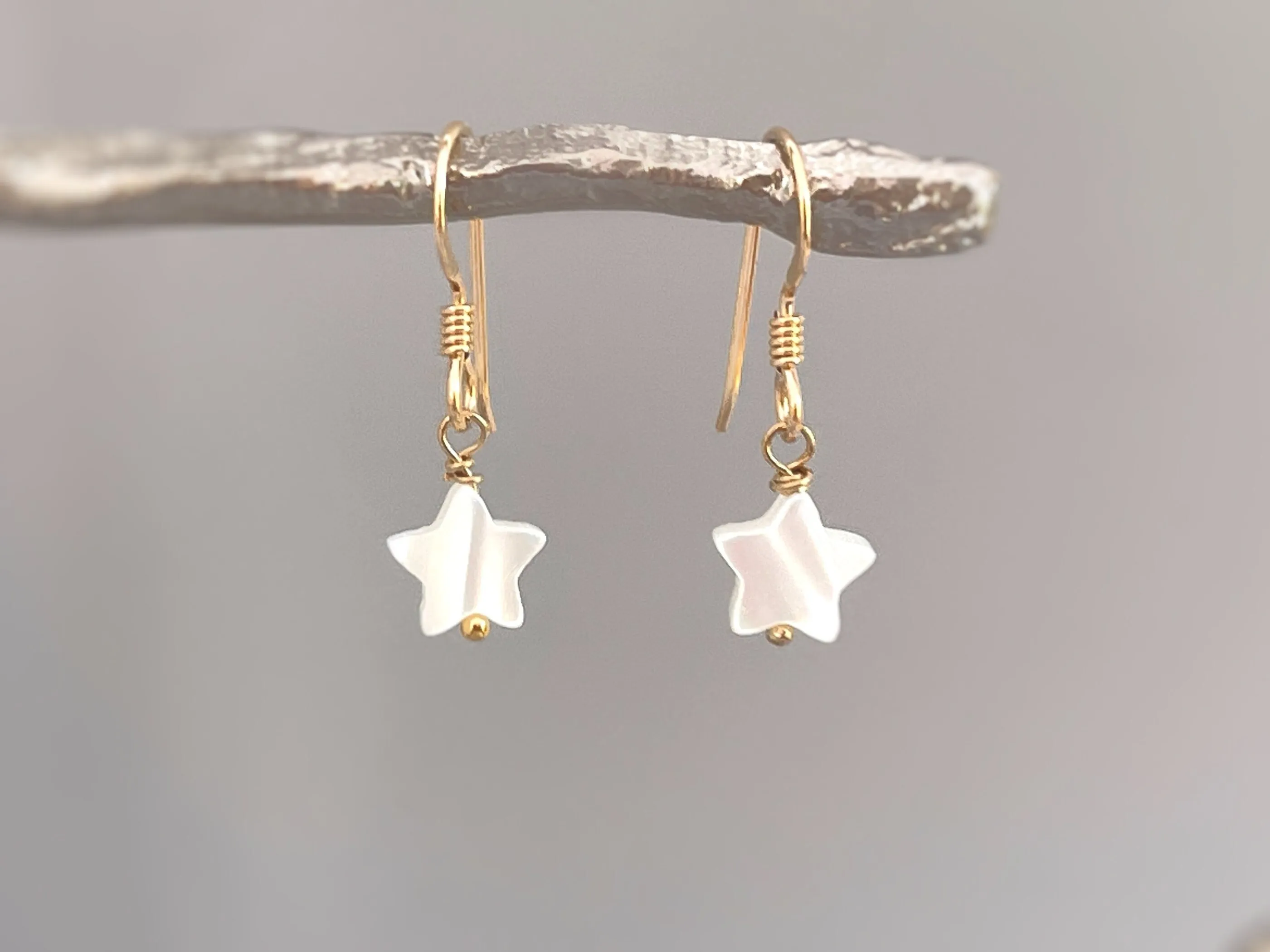 Dainty Mother of Pearl Star Earrings dangle Gold Ear Wire