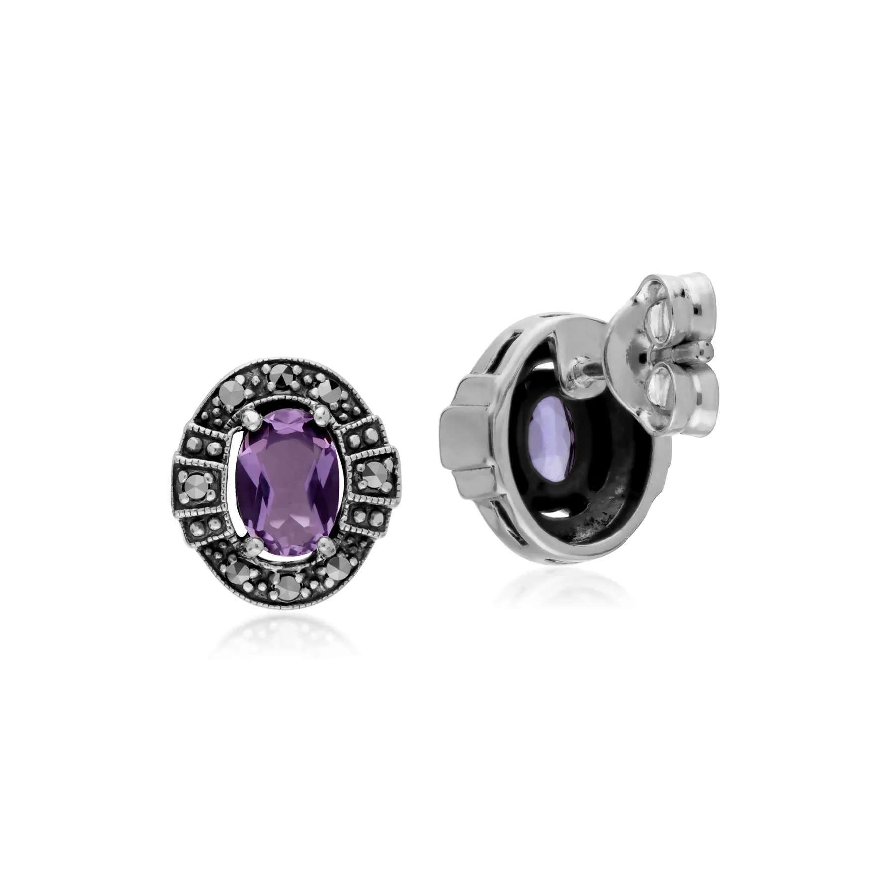 Damen Sterlingsilber Oval Amethyst und Markasit Cluster Ohrstecker