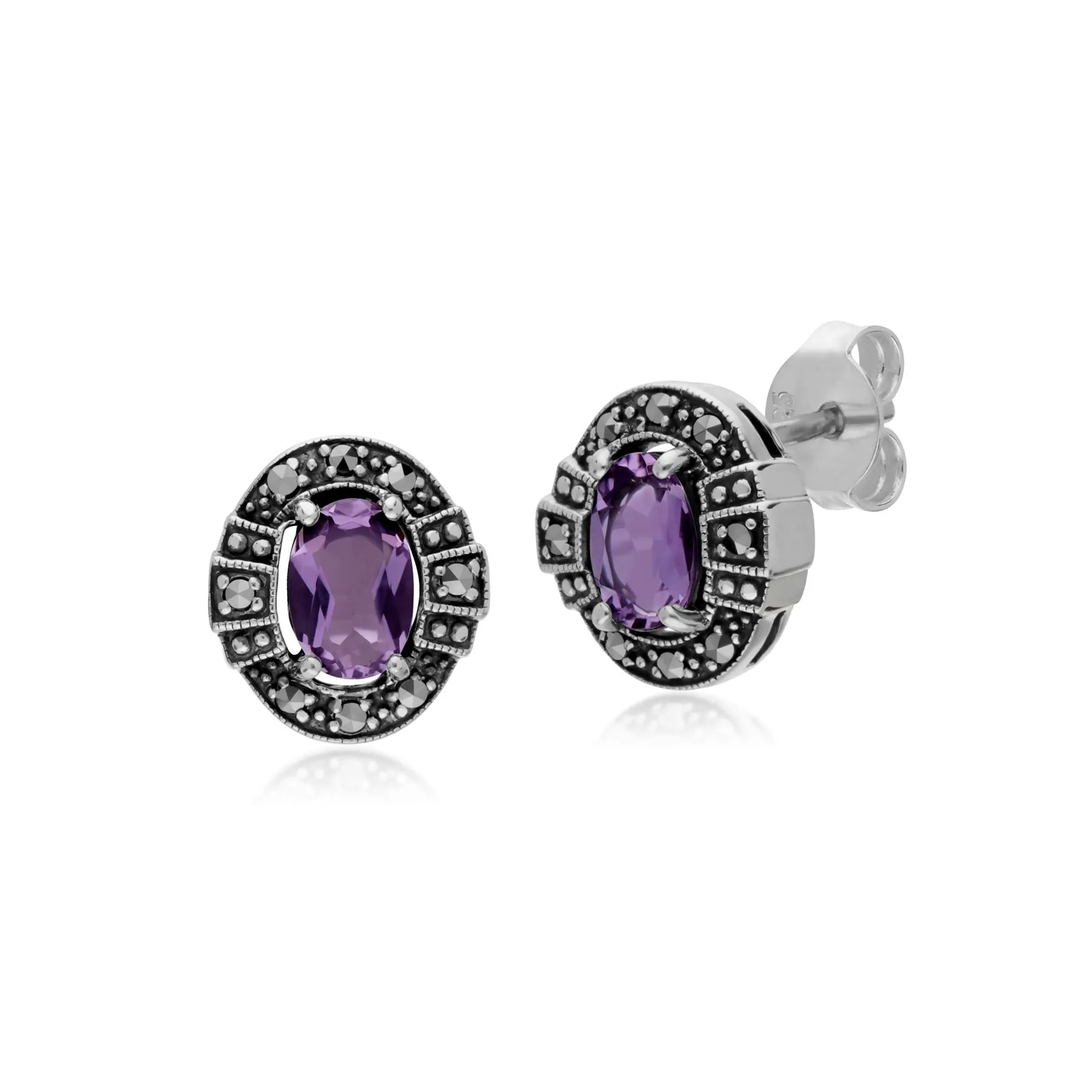 Damen Sterlingsilber Oval Amethyst und Markasit Cluster Ohrstecker