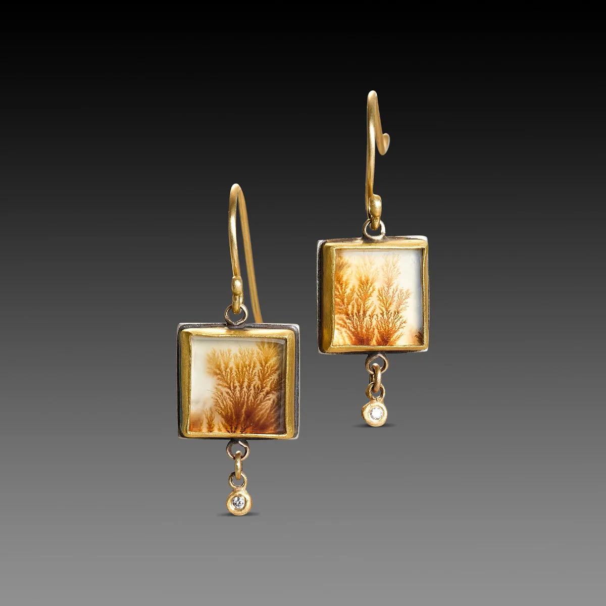 Dendritic Agate Earrings with Diamond Drops