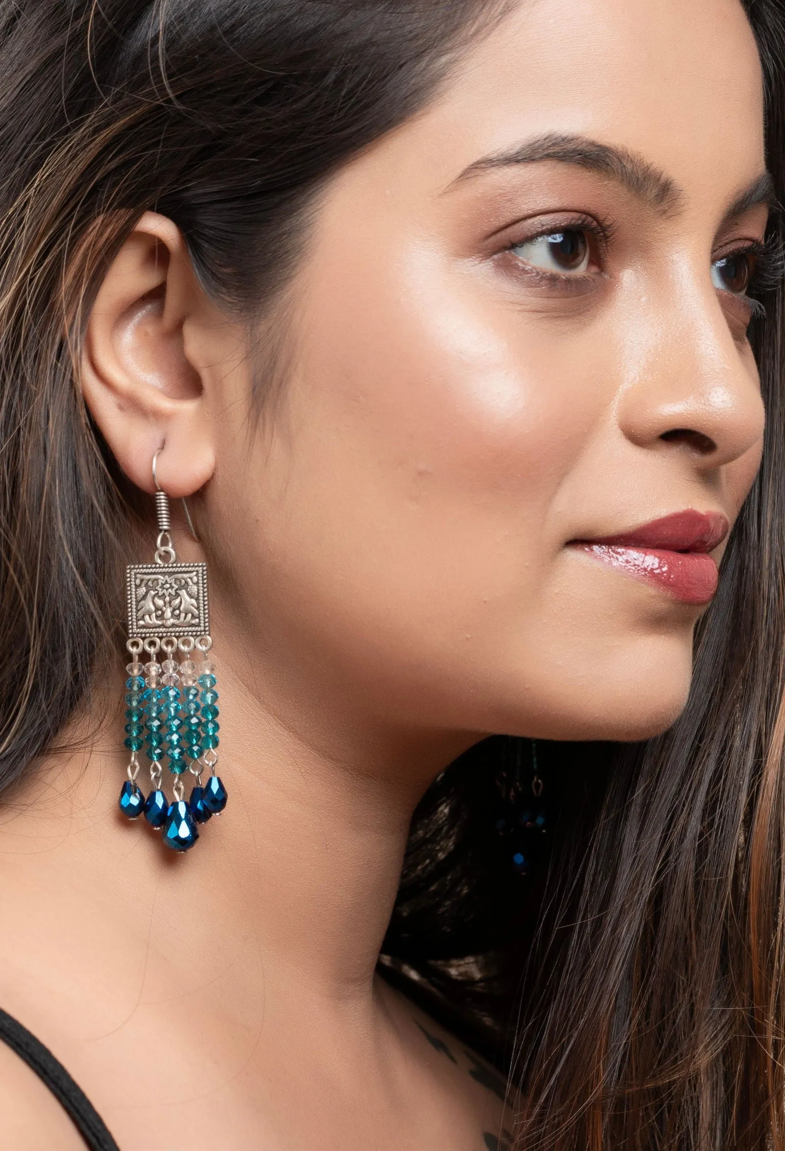 Designer Oxidised Silver Earrings With Blue Drop Crystal Earrings And White Crystals