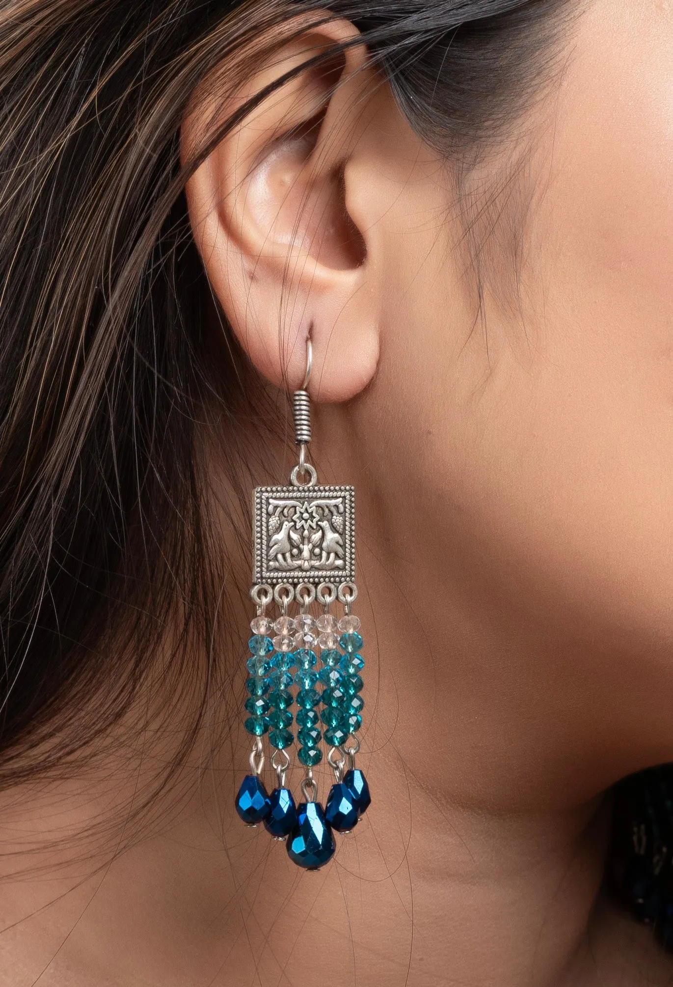 Designer Oxidised Silver Earrings With Blue Drop Crystal Earrings And White Crystals