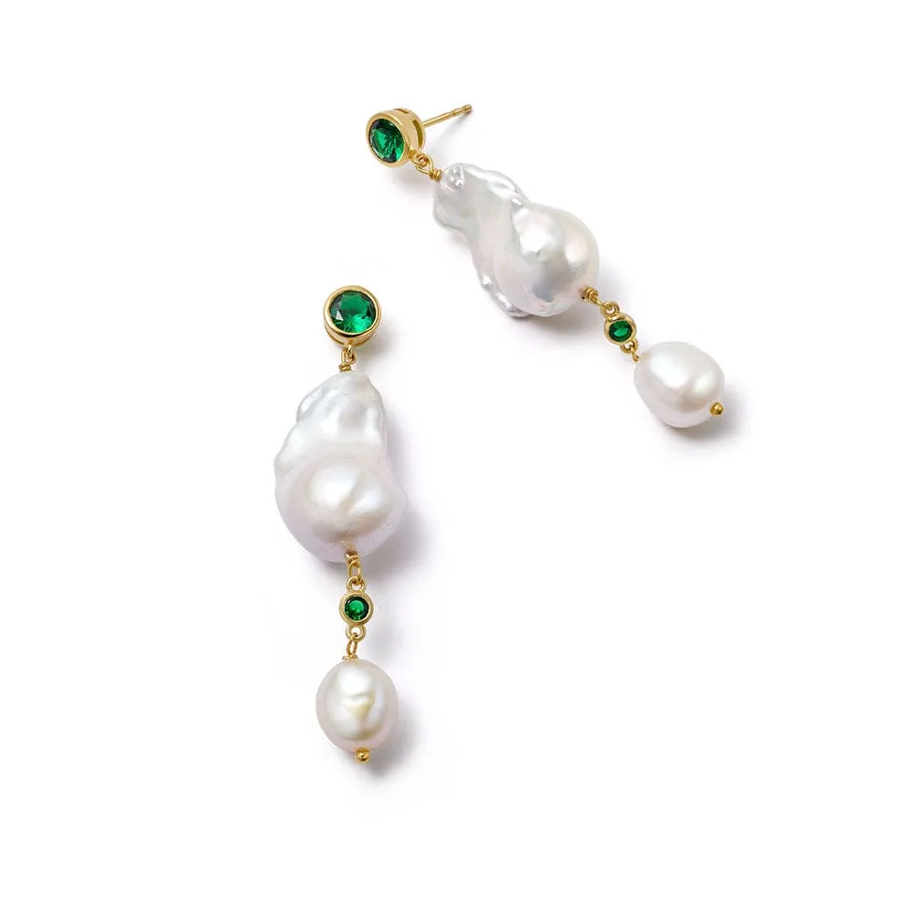 Double Baroque Pearl Drop Earrings 18ct Gold Plate