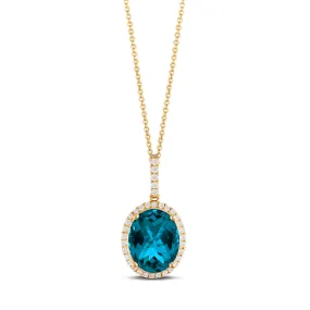 Doves 18K Yellow Gold Oval London Blue Topaz with Diamond Halo Pendant