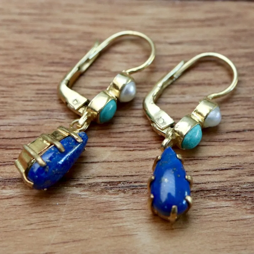 Duchess Of Kent Lapis, Turquoise and Pearl Earrings