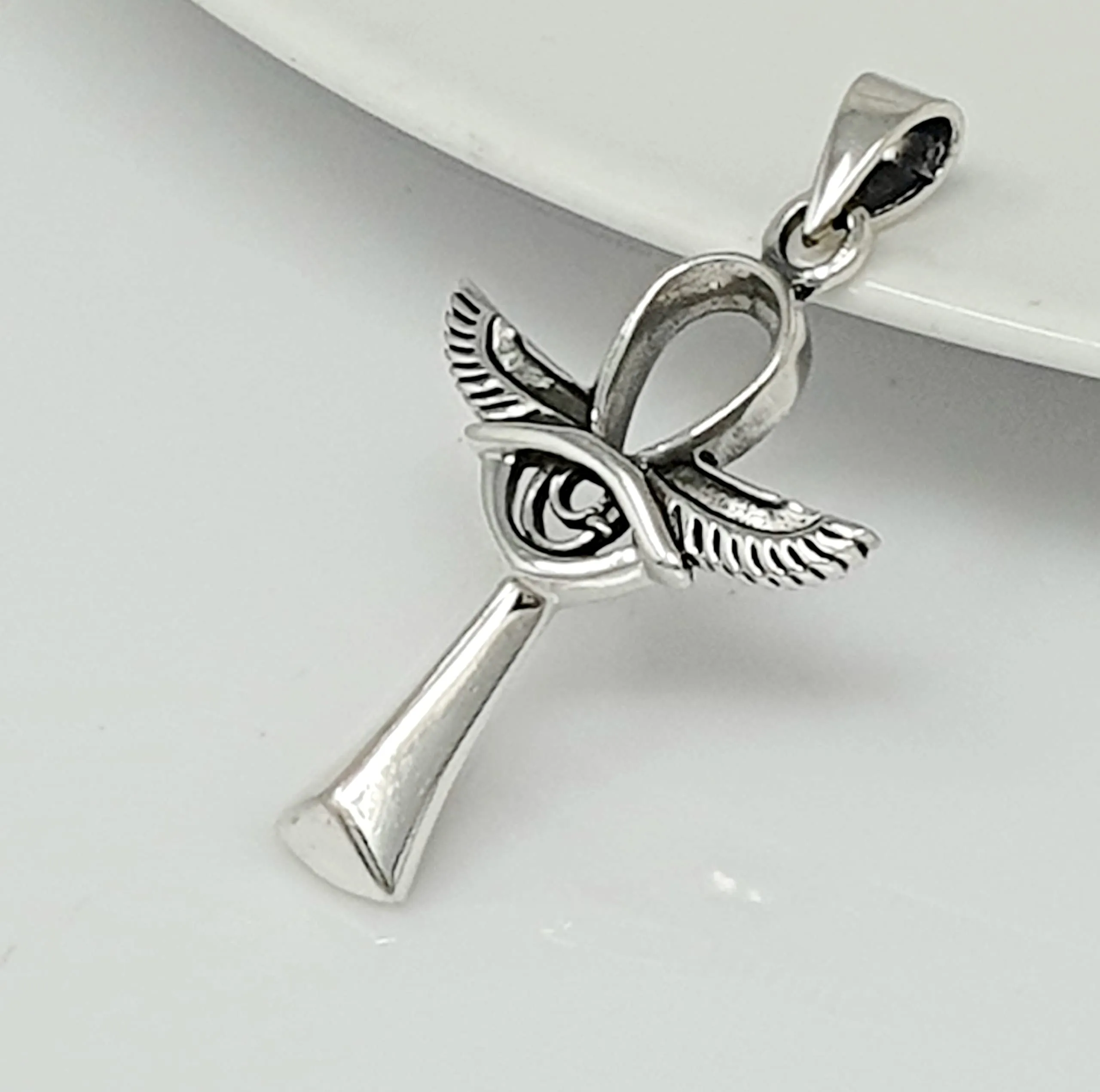 Egyptian Ankh Cross Pendant with Protective Wings of Goddess Isis and Eye Pendant Necklace Made from 925 Sterling Silver