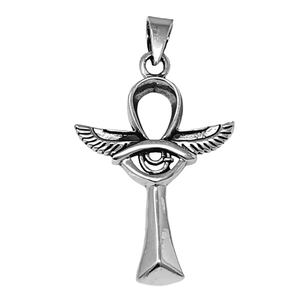 Egyptian Ankh Cross Pendant with Protective Wings of Goddess Isis and Eye Pendant Necklace Made from 925 Sterling Silver